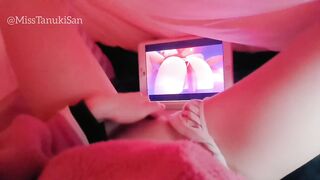 POV Kawaii Asian girl touching herself watching lesbian porn hentai wet Pink Pussy family are home